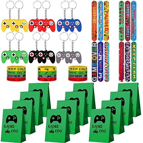 48 Pieces Video Game Party Gift Bags Video Game Slap Bracelets Video Game Silicone Bracelets Brick Game Console Keychain with Hanging Chain for Boys Girls Video Game Birthday Party Favors Supplies