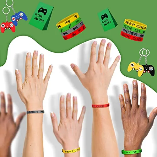 48 Pieces Video Game Party Gift Bags Video Game Slap Bracelets Video Game Silicone Bracelets Brick Game Console Keychain with Hanging Chain for Boys Girls Video Game Birthday Party Favors Supplies