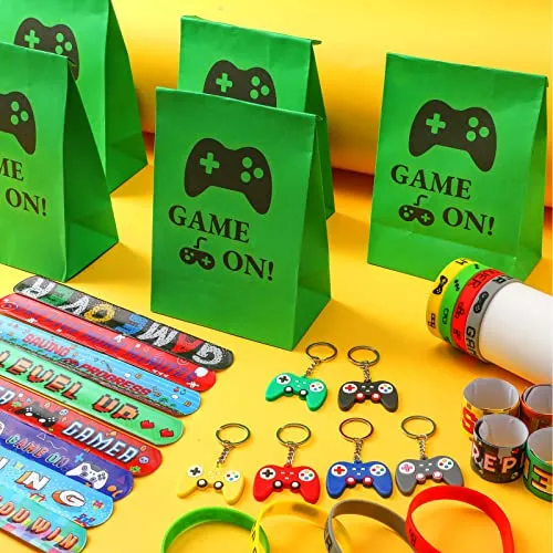 48 Pieces Video Game Party Gift Bags Video Game Slap Bracelets Video Game Silicone Bracelets Brick Game Console Keychain with Hanging Chain for Boys Girls Video Game Birthday Party Favors Supplies