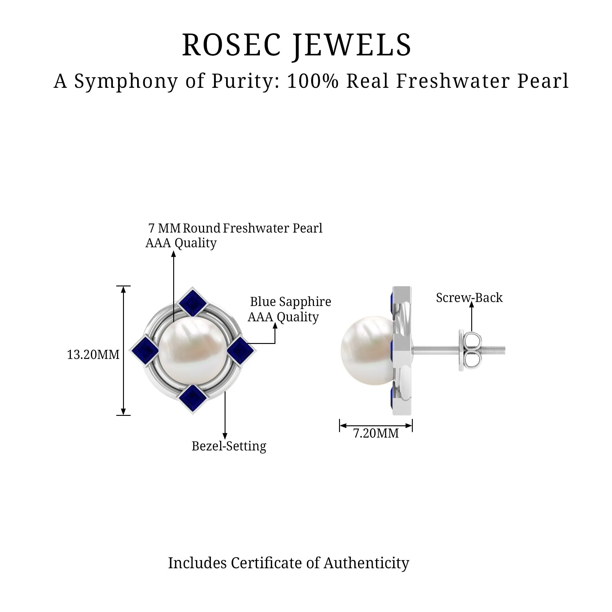 6.50 CT Modern Stud Earrings with Freshwater Pearl and Blue Sapphire