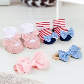 Baby Moo Floral Bow Infant Girl 4-Piece Gift Hairband And Socks Set - Pink