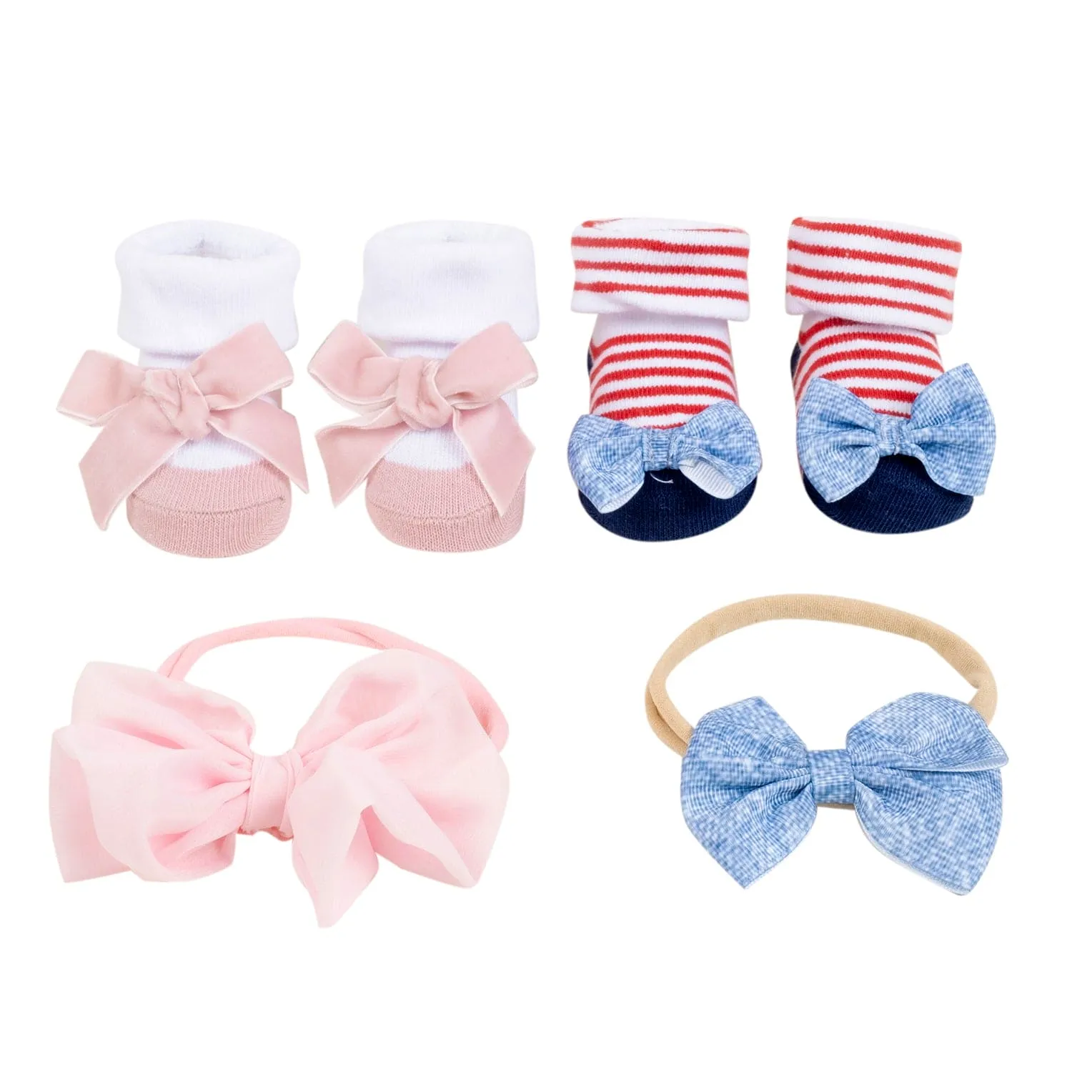 Baby Moo Floral Bow Infant Girl 4-Piece Gift Hairband And Socks Set - Pink