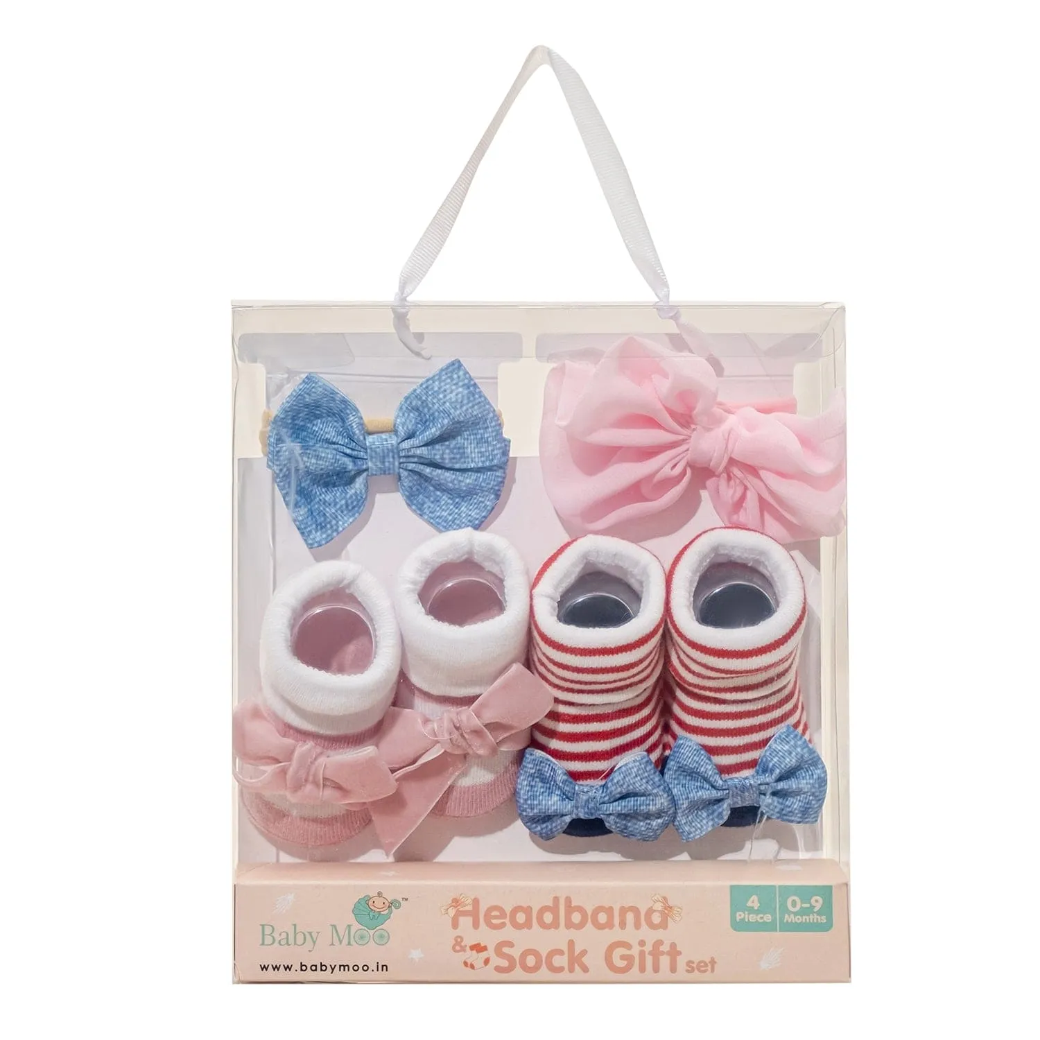 Baby Moo Floral Bow Infant Girl 4-Piece Gift Hairband And Socks Set - Pink