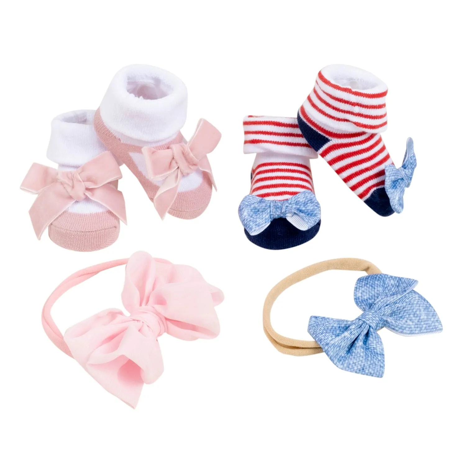 Baby Moo Floral Bow Infant Girl 4-Piece Gift Hairband And Socks Set - Pink