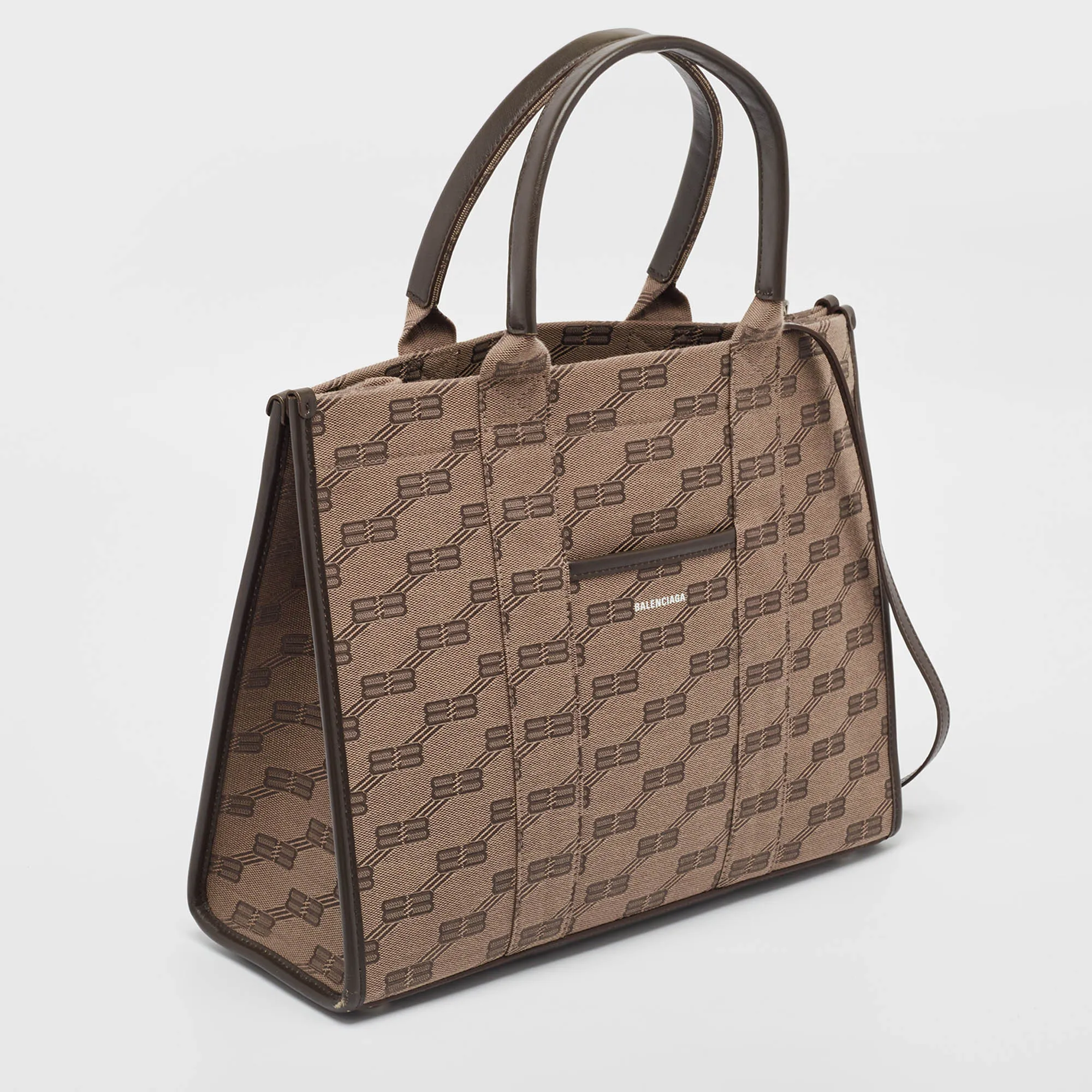 BALENCIAGA Beige/Brown BB Monogram Canvas and Leather Medium Hardware Tote