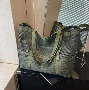 BEACH BAG MESH WITH POCKETS KHAKI