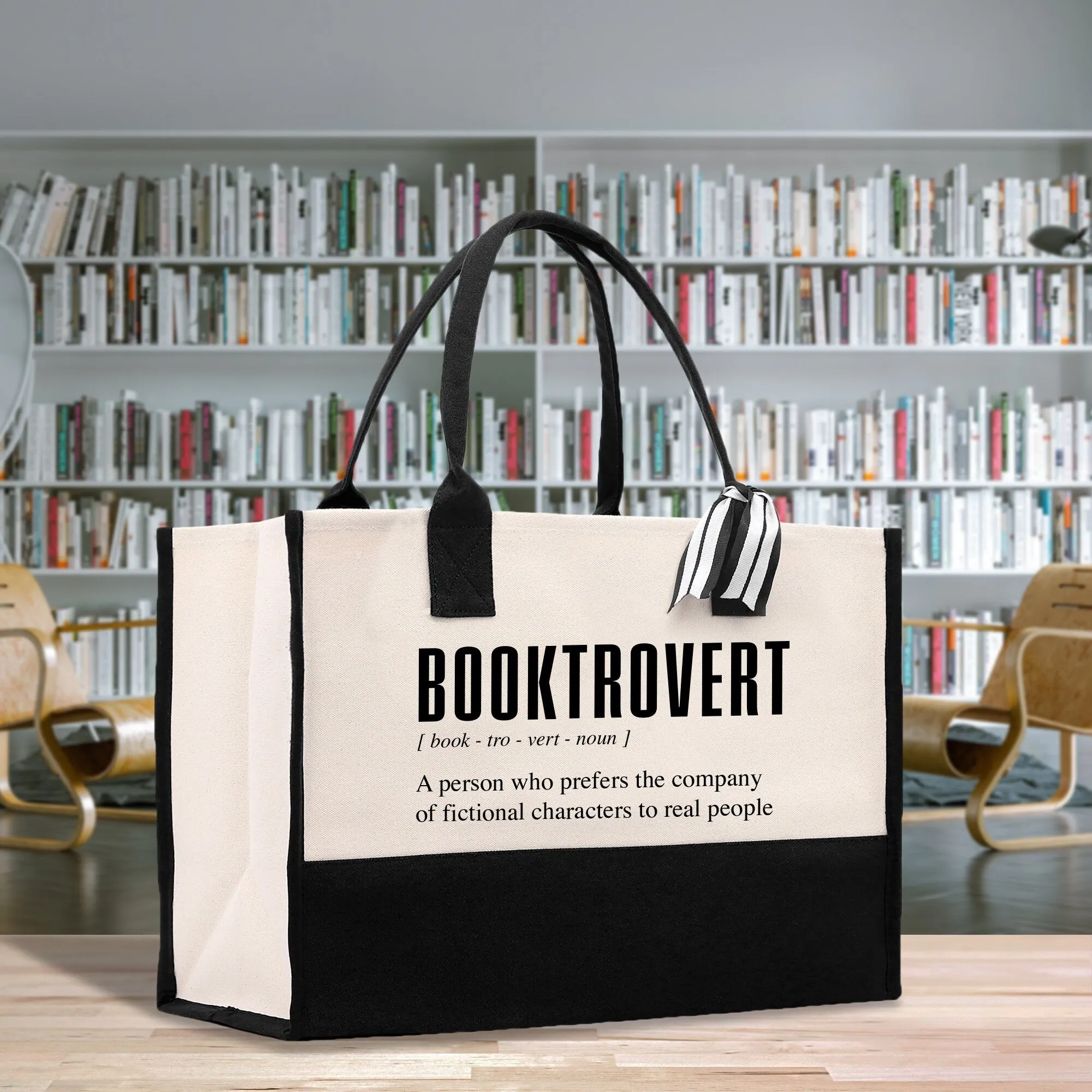 Booktrovert  Cotton Canvas Tote Bag Book Lover Library Bag Bookworm Gift Bag School Librarian Gift Tote (BTB1002)