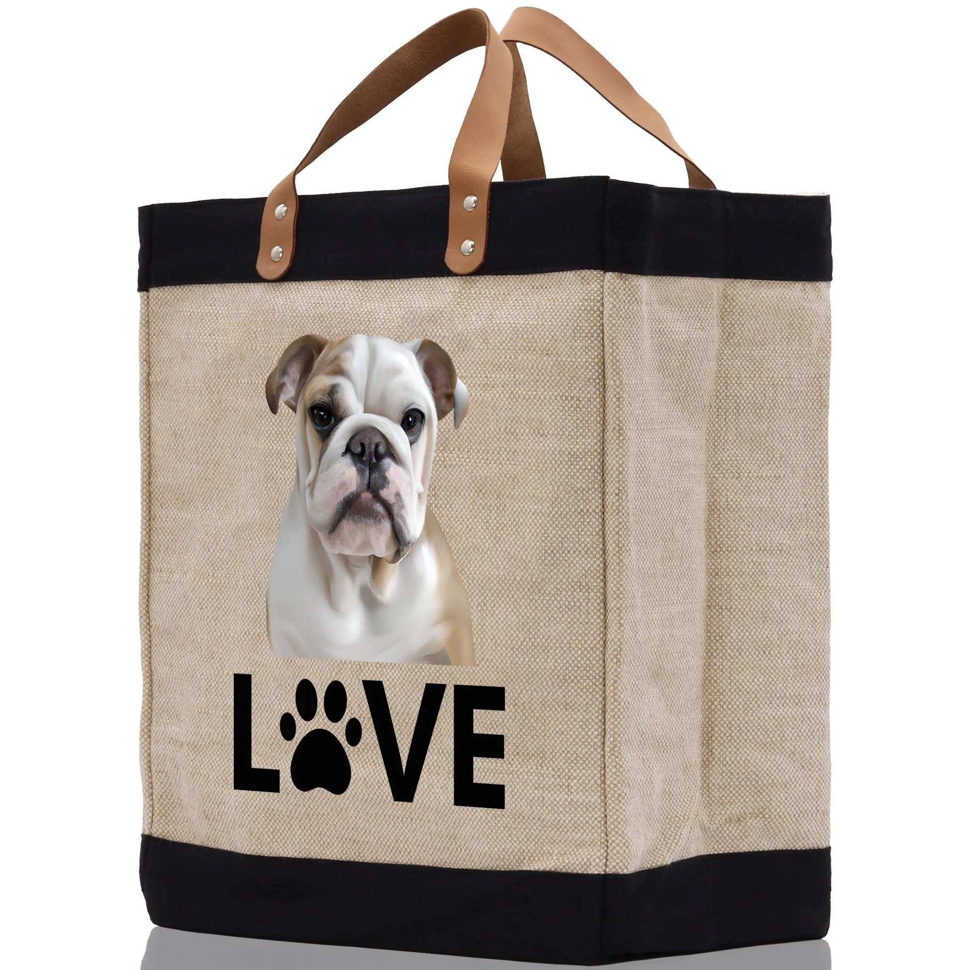 Bulldog Love Dog Jute Canvas Tote Funny Farmer Market Bag Quote Jute Bag Shopping Bag Burlap Bag Dog Owner Gift