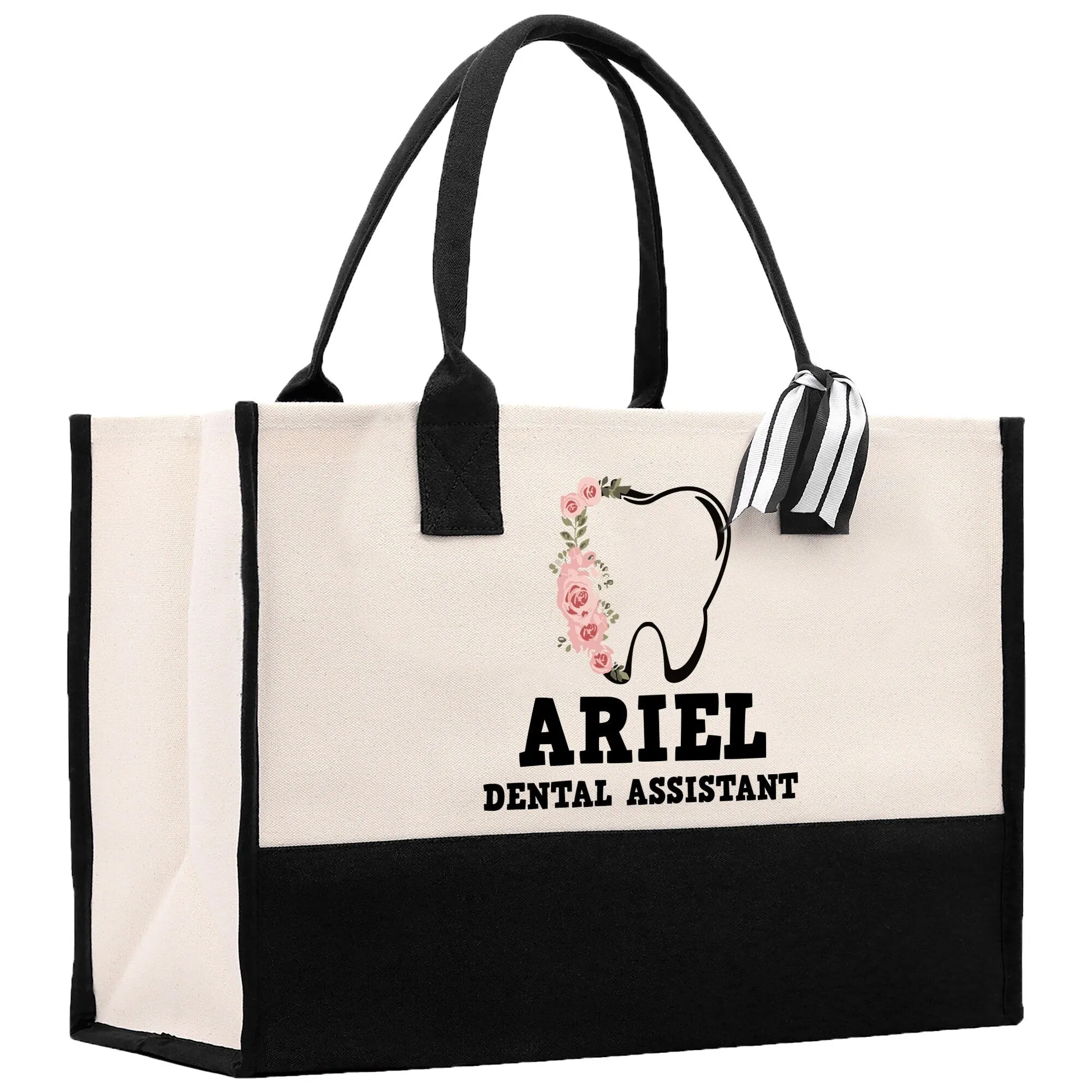 Floral Tooth Dental Assistant Name Custom Cotton Canvas Tote Bag Personalized Dental Assistant Gift Bag