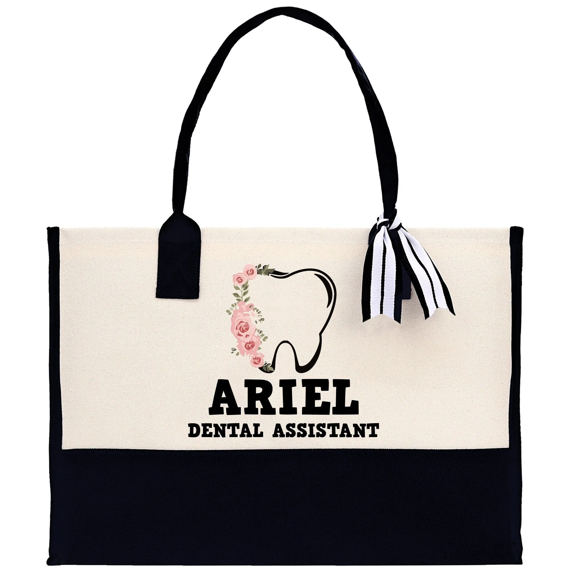 Floral Tooth Dental Assistant Name Custom Cotton Canvas Tote Bag Personalized Dental Assistant Gift Bag