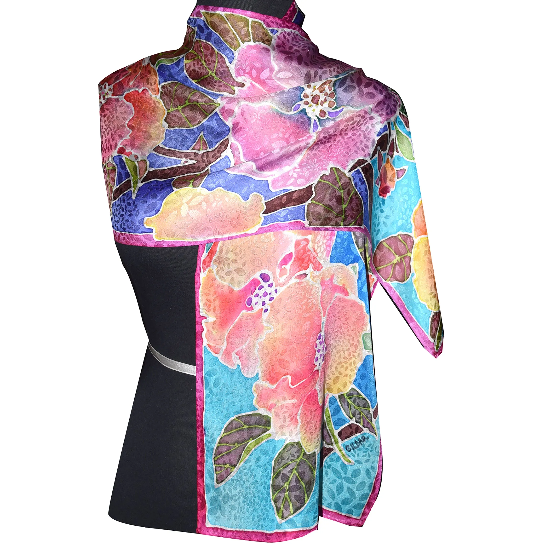 Flowering Quince Hand Painted Silk Scarf