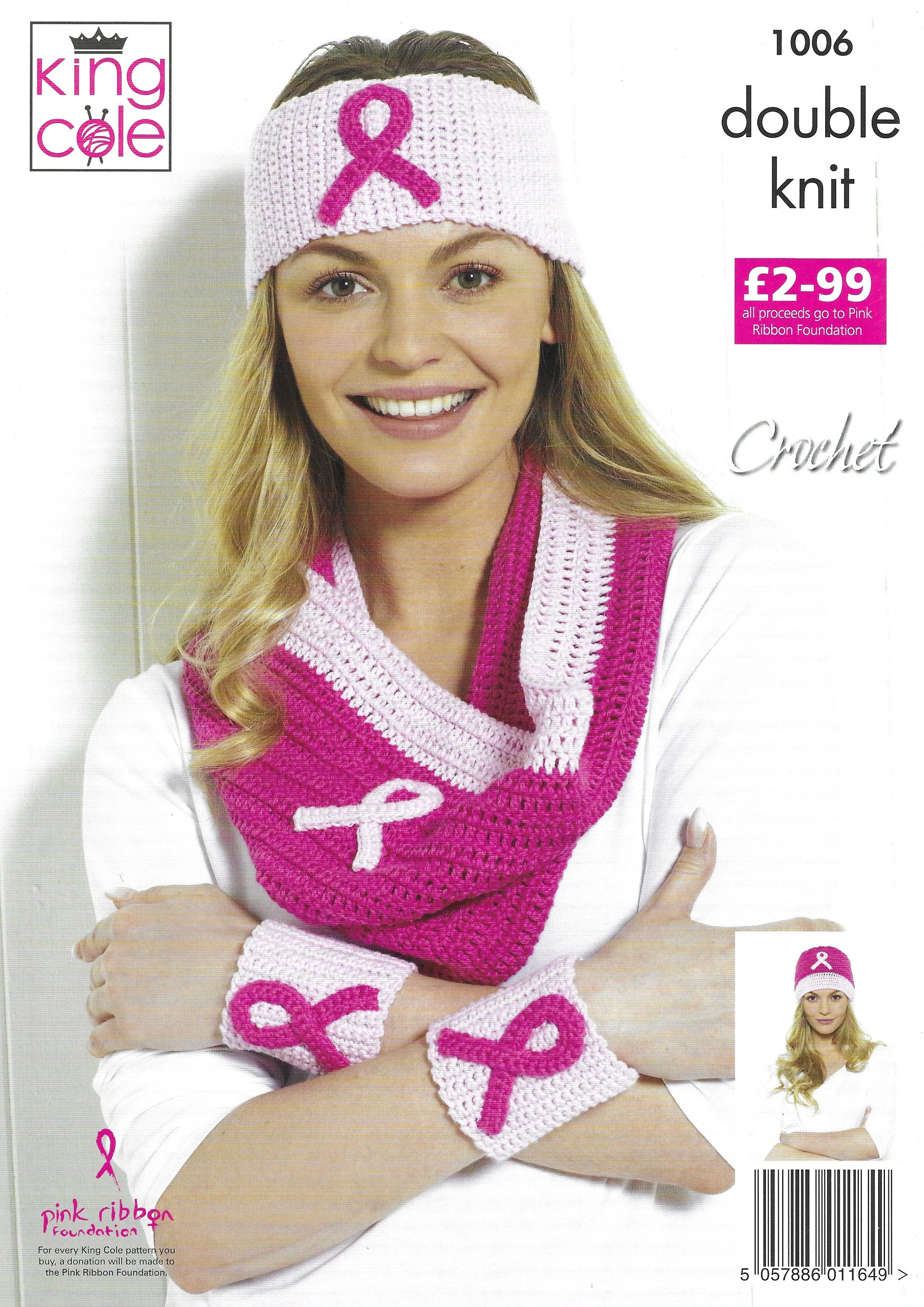 King Cole 1006 KC Pink Ribbon Headbands, Wristbands & Cowl DK Knitting Pattern