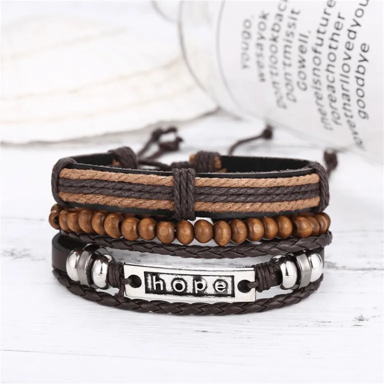 Mens Hope Wristband Multi-Layer Adjustable Bracelet Set