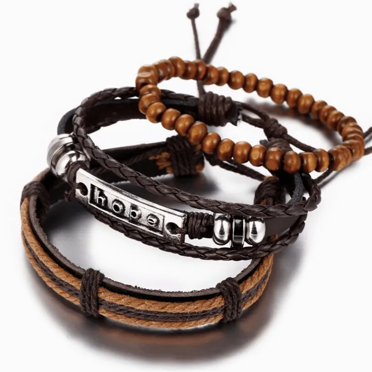 Mens Hope Wristband Multi-Layer Adjustable Bracelet Set