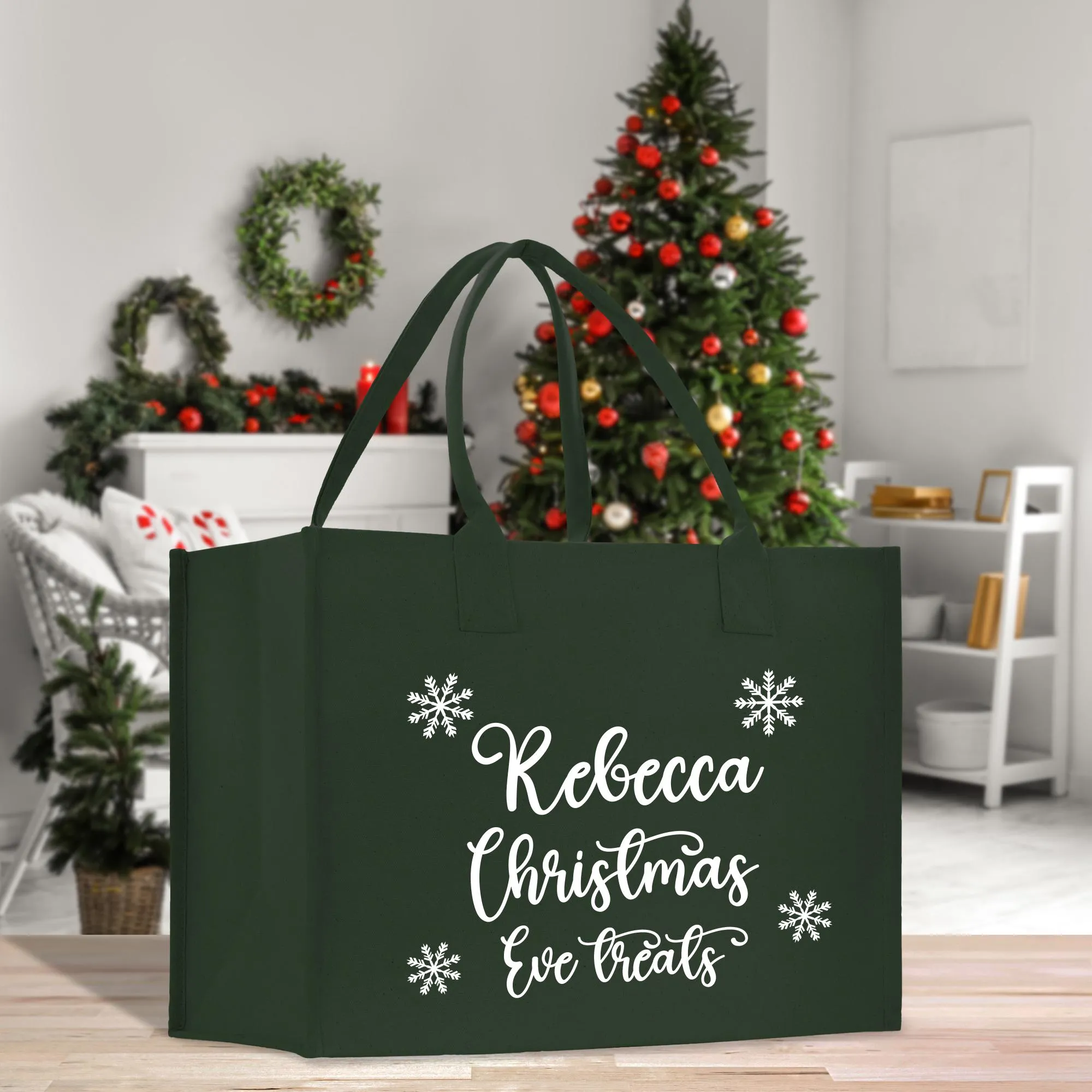 Personalized Christmas Eve Treats Name Cotton Canvas Tote Bag Custom Xmas Name Holiday Gift Bag Custom Christmas Alphabet Tote Bag (CT1004)