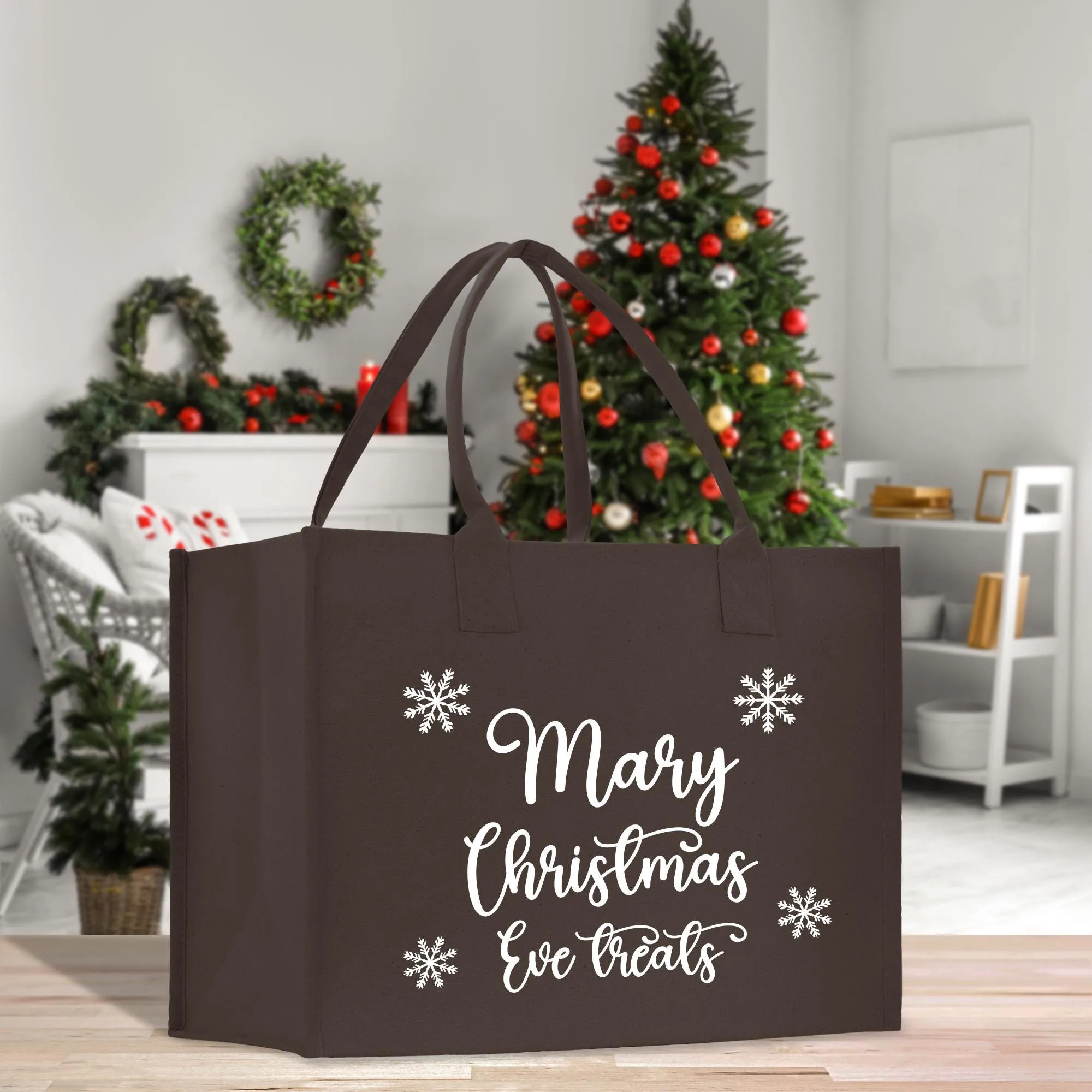 Personalized Christmas Eve Treats Name Cotton Canvas Tote Bag Custom Xmas Name Holiday Gift Bag Custom Christmas Alphabet Tote Bag (CT1004)