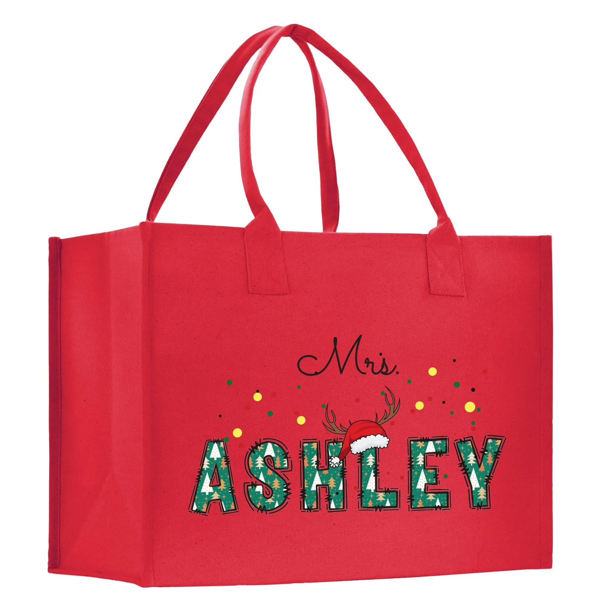 Personalized Christmas Mrs. Name Cotton Canvas Tote Bag Custom Xmas Name Holiday Gift Bag Custom Christmas Alphabet Tote Bag (CT1005)