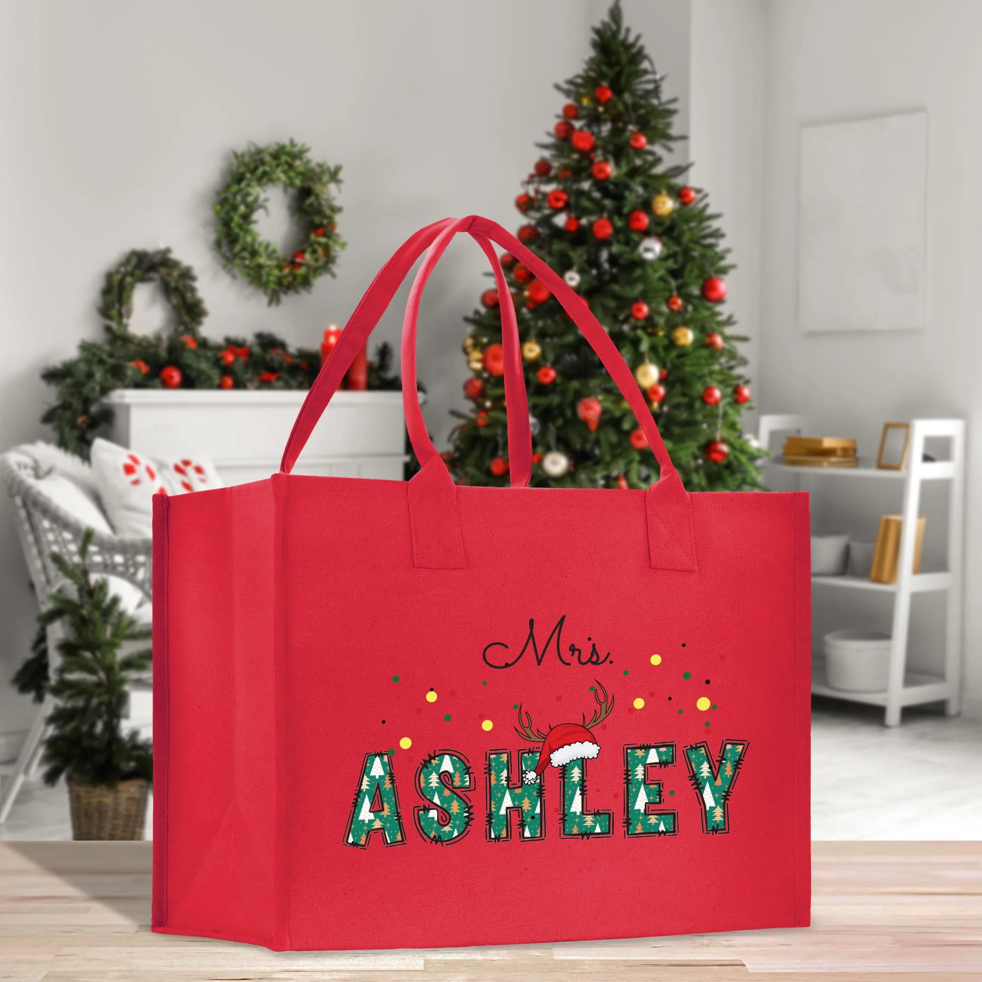 Personalized Christmas Mrs. Name Cotton Canvas Tote Bag Custom Xmas Name Holiday Gift Bag Custom Christmas Alphabet Tote Bag (CT1005)