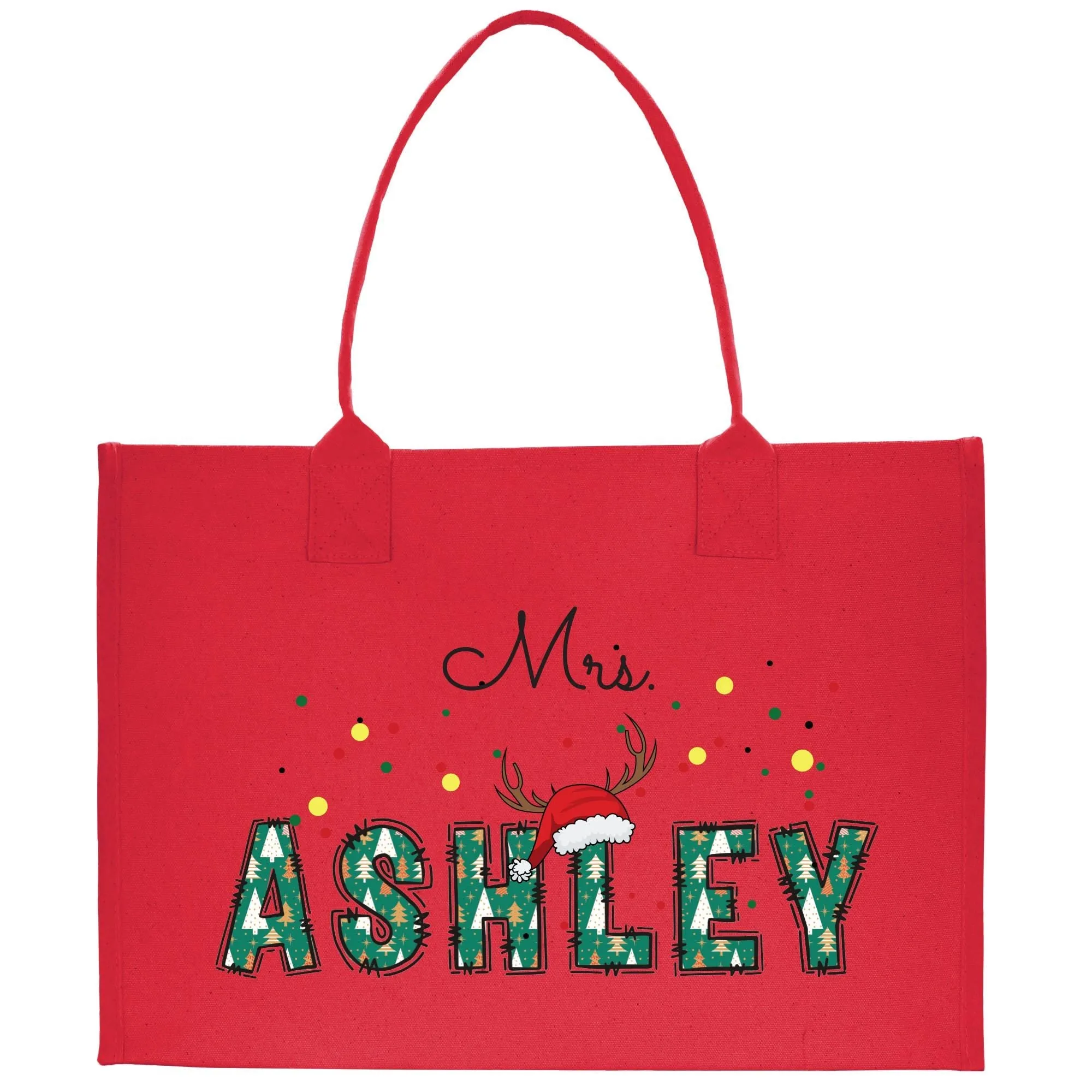 Personalized Christmas Mrs. Name Cotton Canvas Tote Bag Custom Xmas Name Holiday Gift Bag Custom Christmas Alphabet Tote Bag (CT1005)