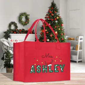 Personalized Christmas Mrs. Name Cotton Canvas Tote Bag Custom Xmas Name Holiday Gift Bag Custom Christmas Alphabet Tote Bag (CT1005)