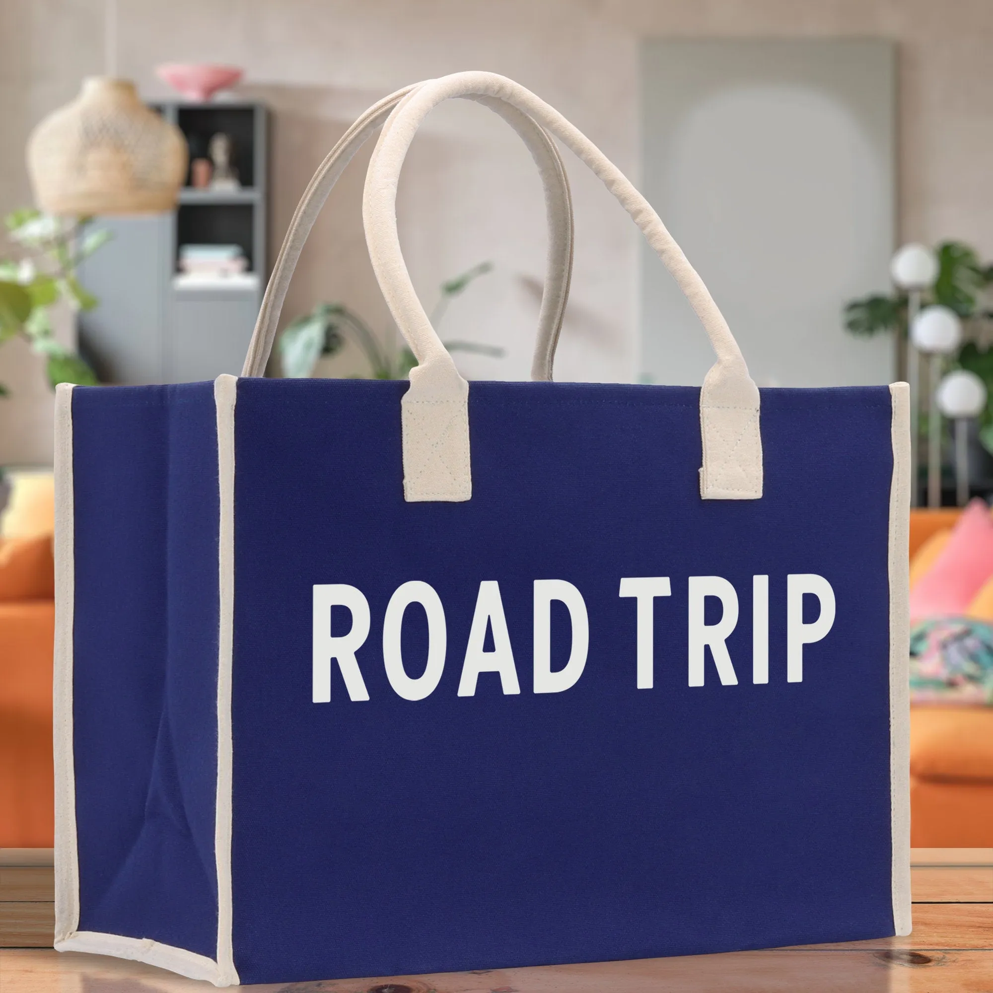 Road Trip Cotton Canvas Chic Beach Tote Bag Multipurpose Tote Weekender Tote Gift for Her Outdoor Tote Vacation Tote Large Beach Bag